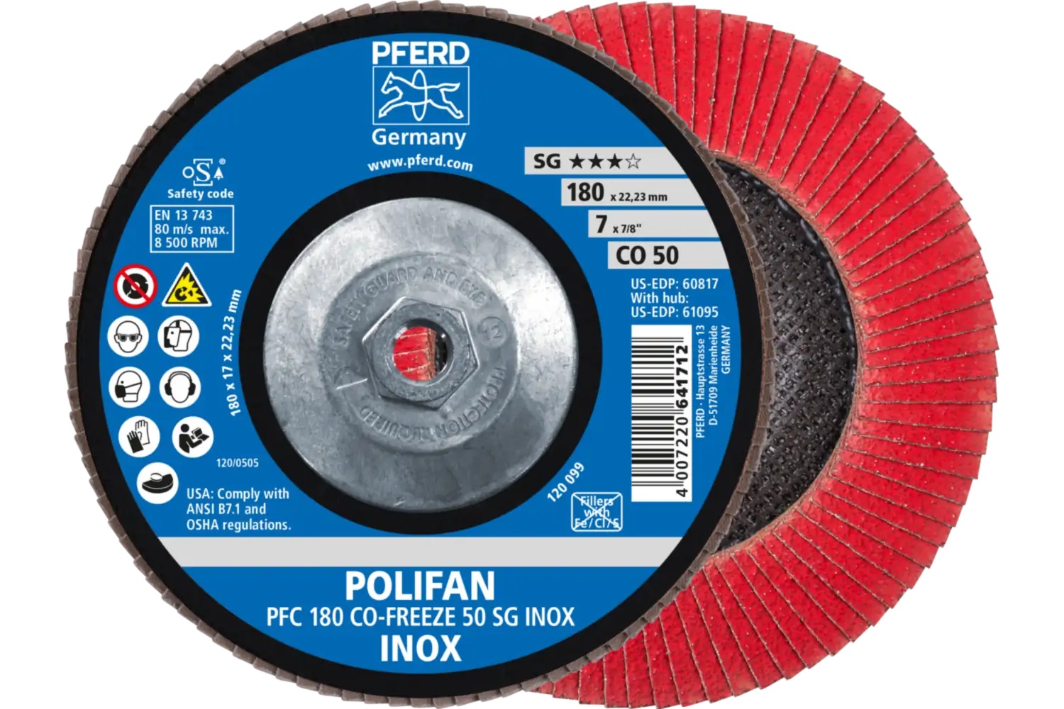 Picture of Pferd Flap Disc, 7" x 5/8-11, CO-Freeze SG Inox, 50 Grit, T29, Conical, Ceramic